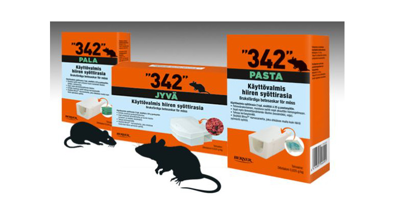 342 hiirenmyrkky tuotepakkauksia pala, pasta ja jyvä.